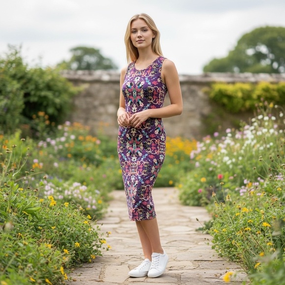 Xhilaration Dresses & Skirts - NWT Adorable knit midi tank dress in purple print by Xhilaration, ikat, bodycon